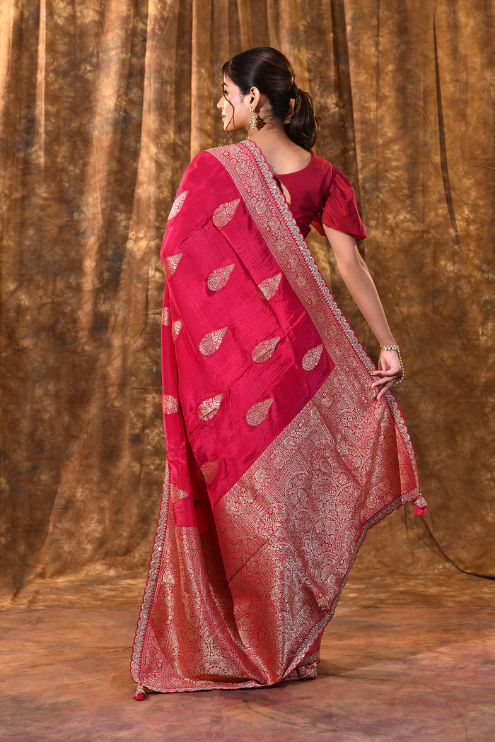 Crimson Pink Paisley Banarasi Silk Saree