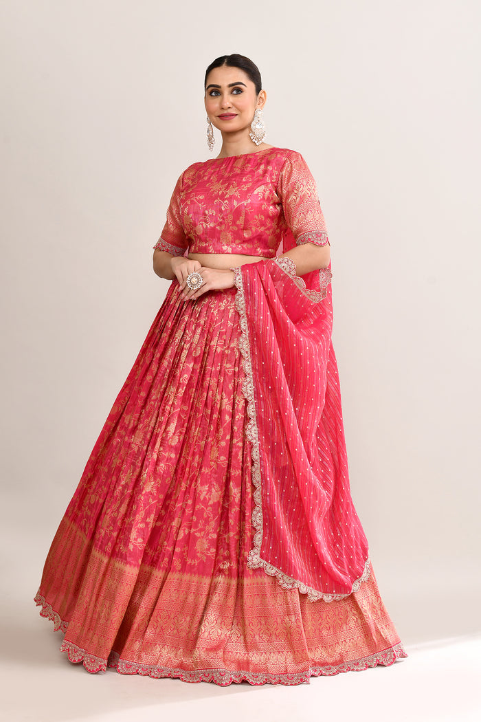 Crimson Pink Raw Silk Banarasi Lehenga Set