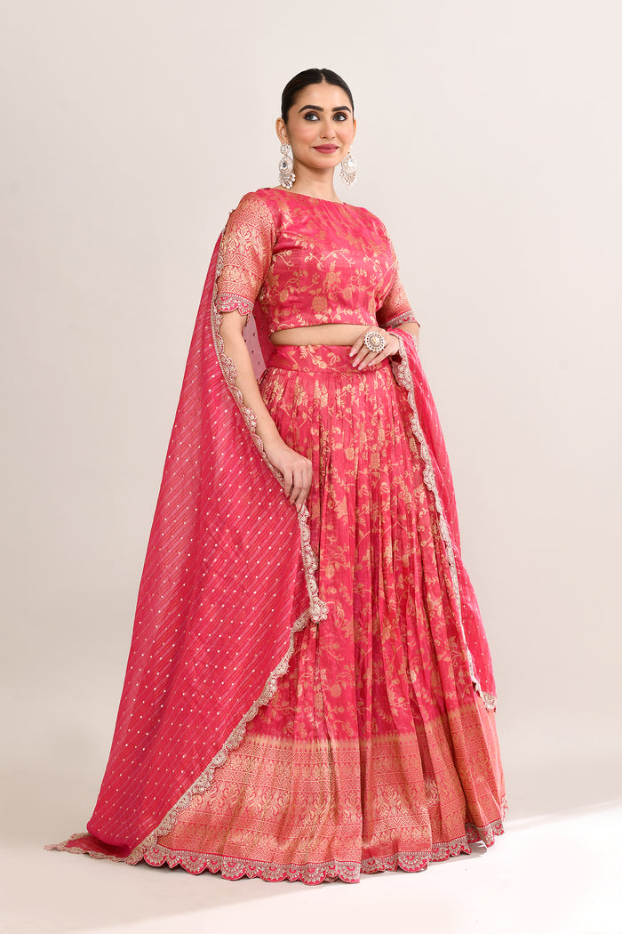 Crimson Pink Raw Silk Banarasi Lehenga Set