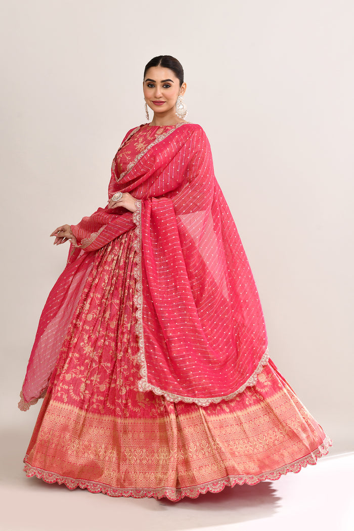 Crimson Pink Raw Silk Banarasi Lehenga Set