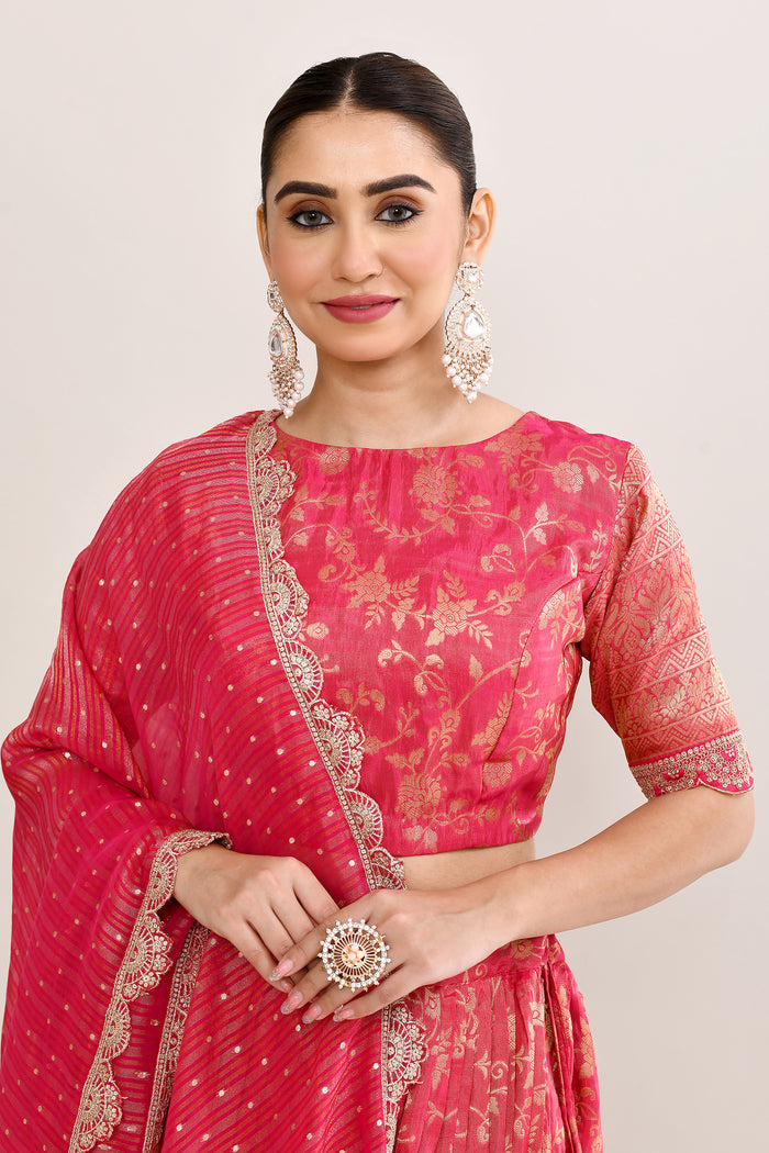 Crimson Pink Raw Silk Banarasi Lehenga Set