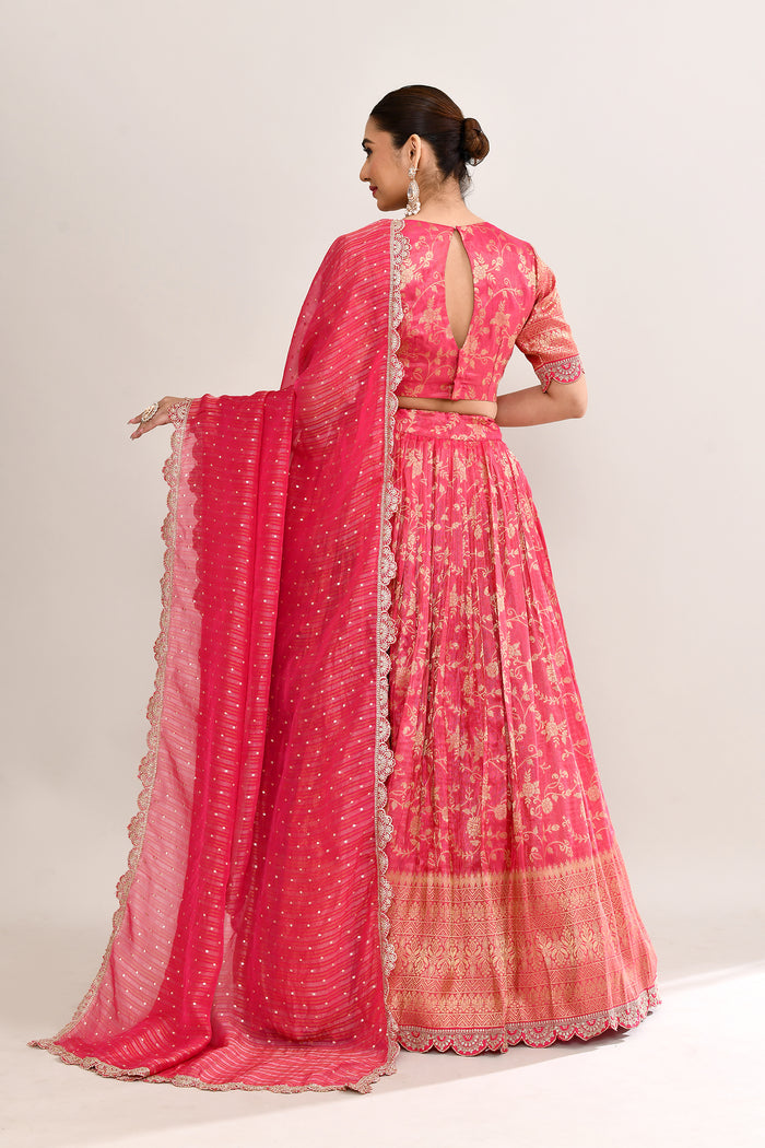 Crimson Pink Raw Silk Banarasi Lehenga Set