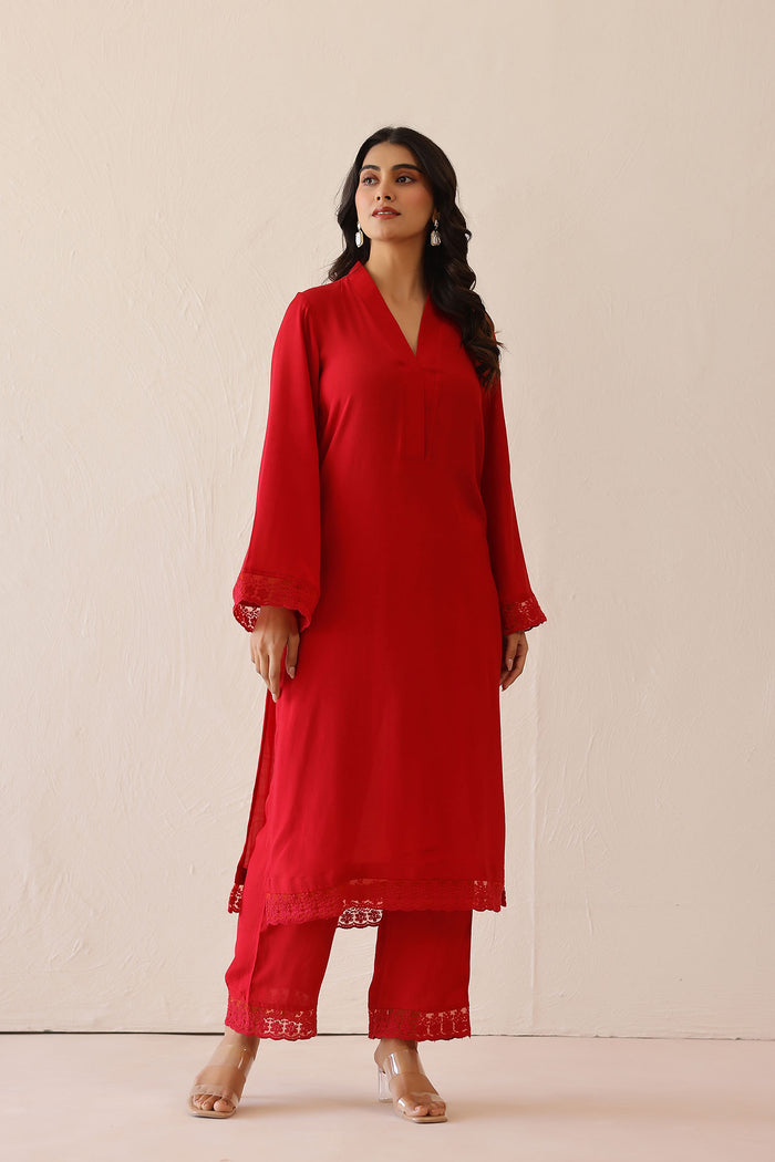 <img> Crimson Red Cotton Santoon Solid Kurti Set