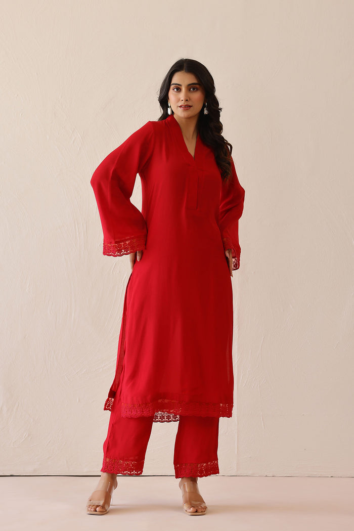 <img> Crimson Red Cotton Santoon Solid Kurti Set