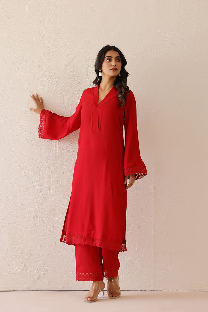 <img> Crimson Red Cotton Santoon Solid Kurti Set