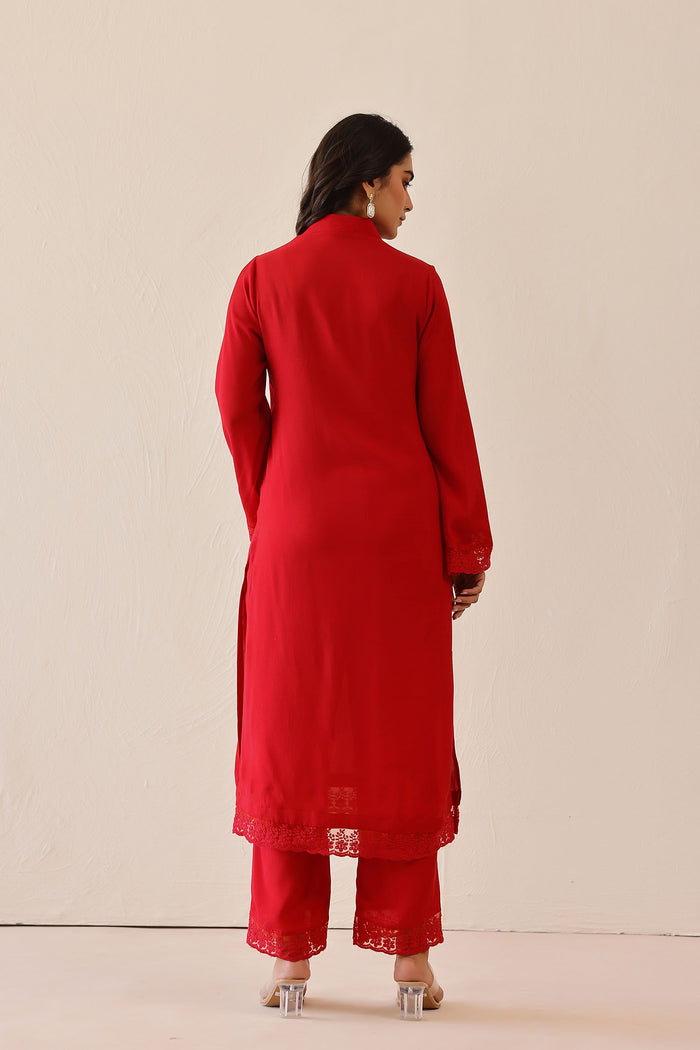 <img> Crimson Red Cotton Santoon Solid Kurti Set