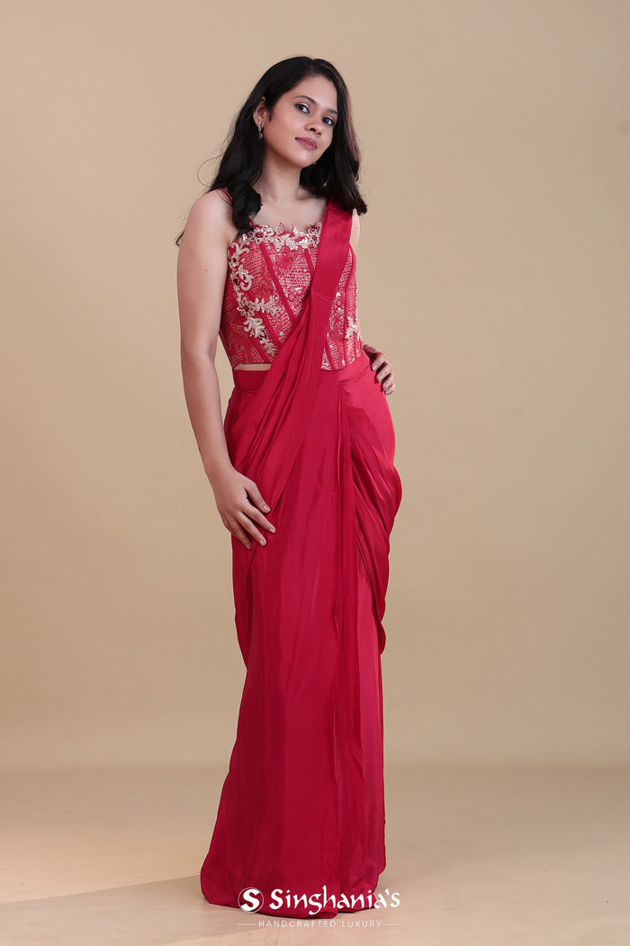 <img> Crimson Red Crepe Silk Drape Saree