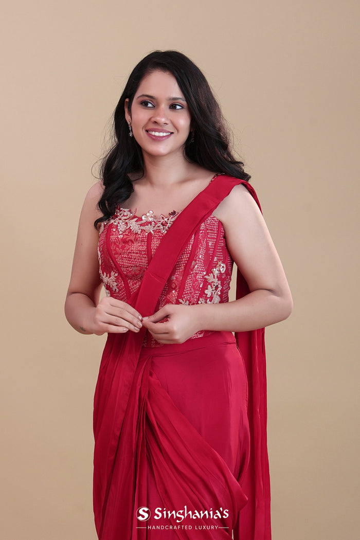 <img> Crimson Red Crepe Silk Drape Saree