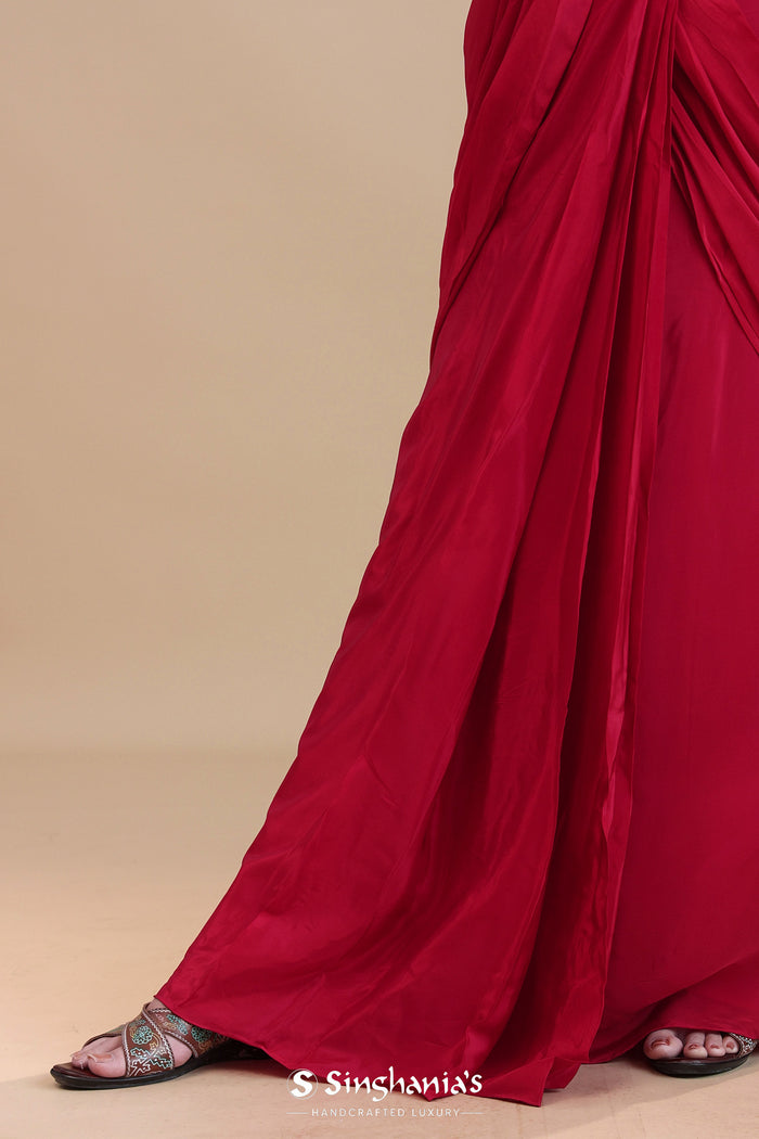 <img> Crimson Red Crepe Silk Drape Saree
