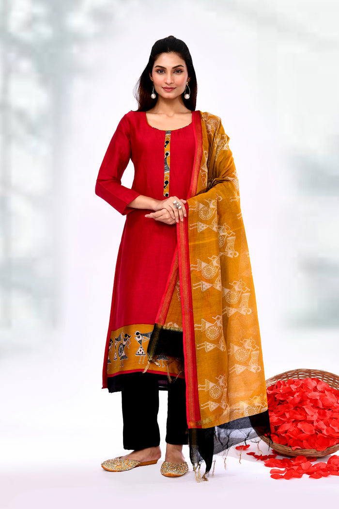 Crimson Red Dupion Silk Warli Printed Kurta Set