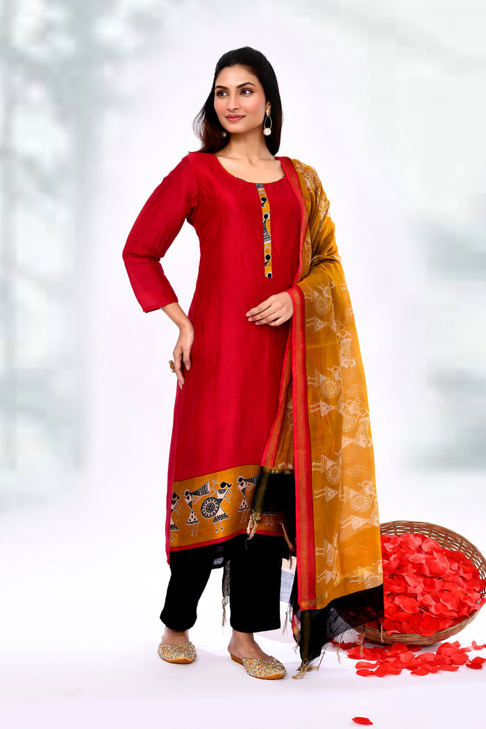 Crimson Red Dupion Silk Warli Printed Kurta Set