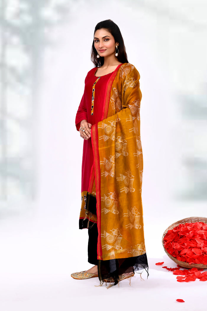 Crimson Red Dupion Silk Warli Printed Kurta Set