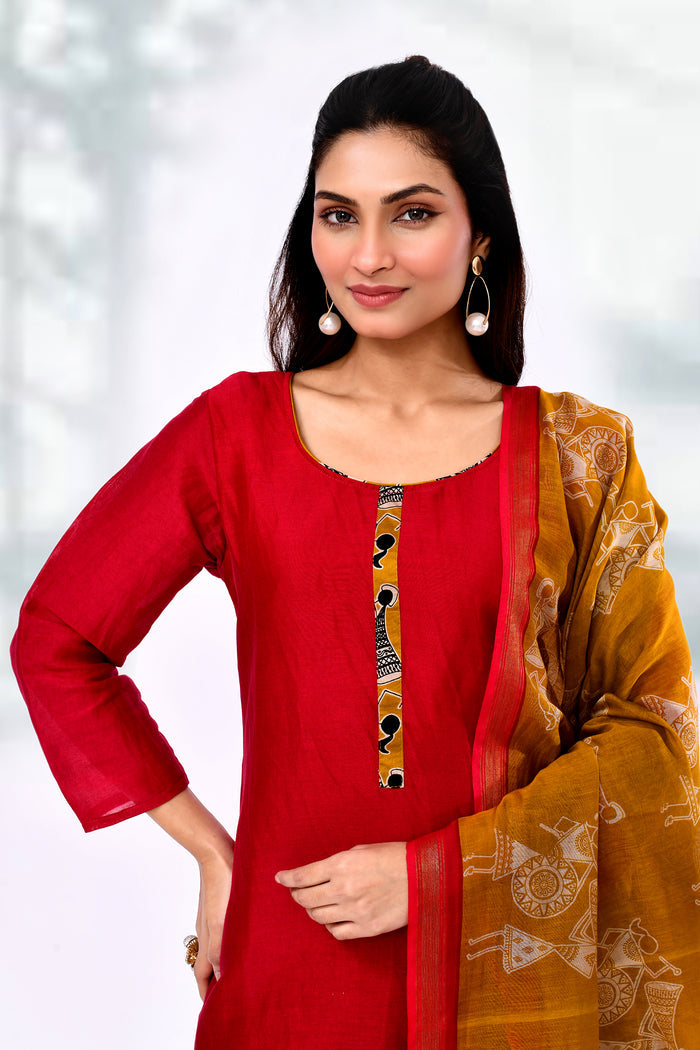 Crimson Red Dupion Silk Warli Printed Kurta Set