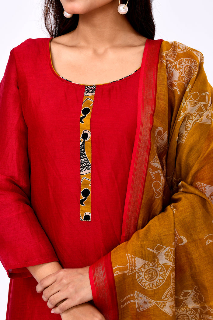 Crimson Red Dupion Silk Warli Printed Kurta Set