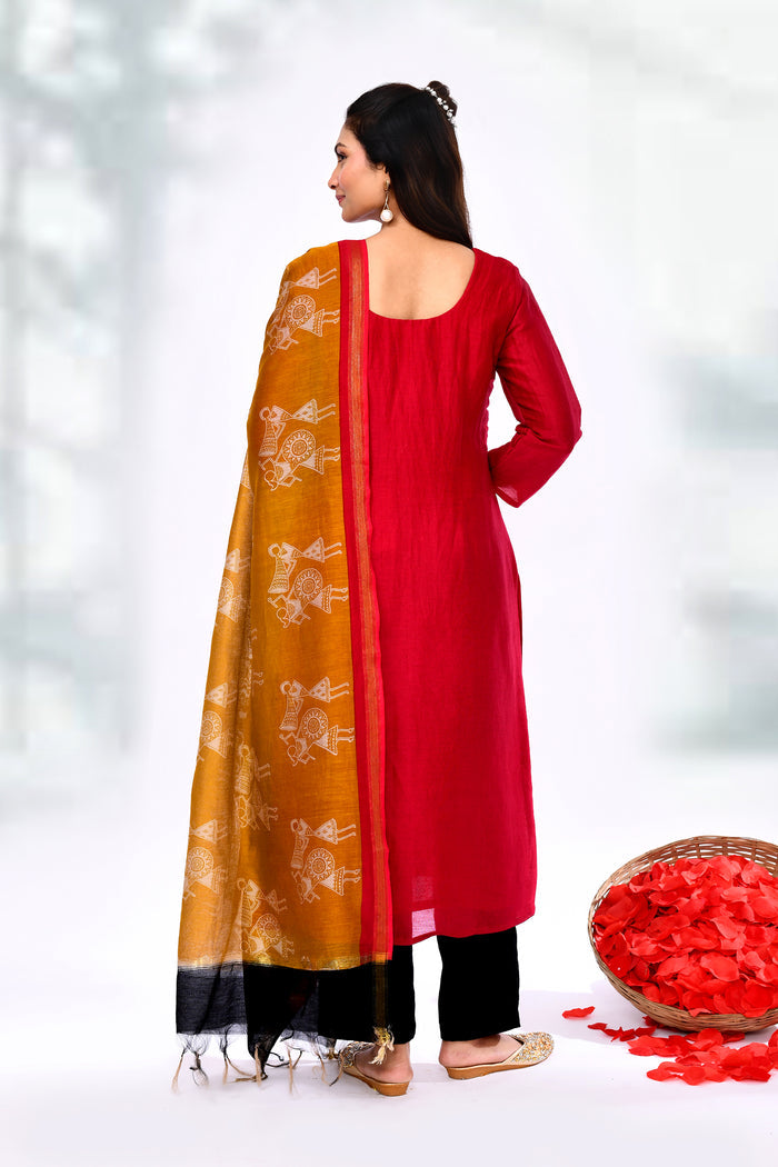 Crimson Red Dupion Silk Warli Printed Kurta Set