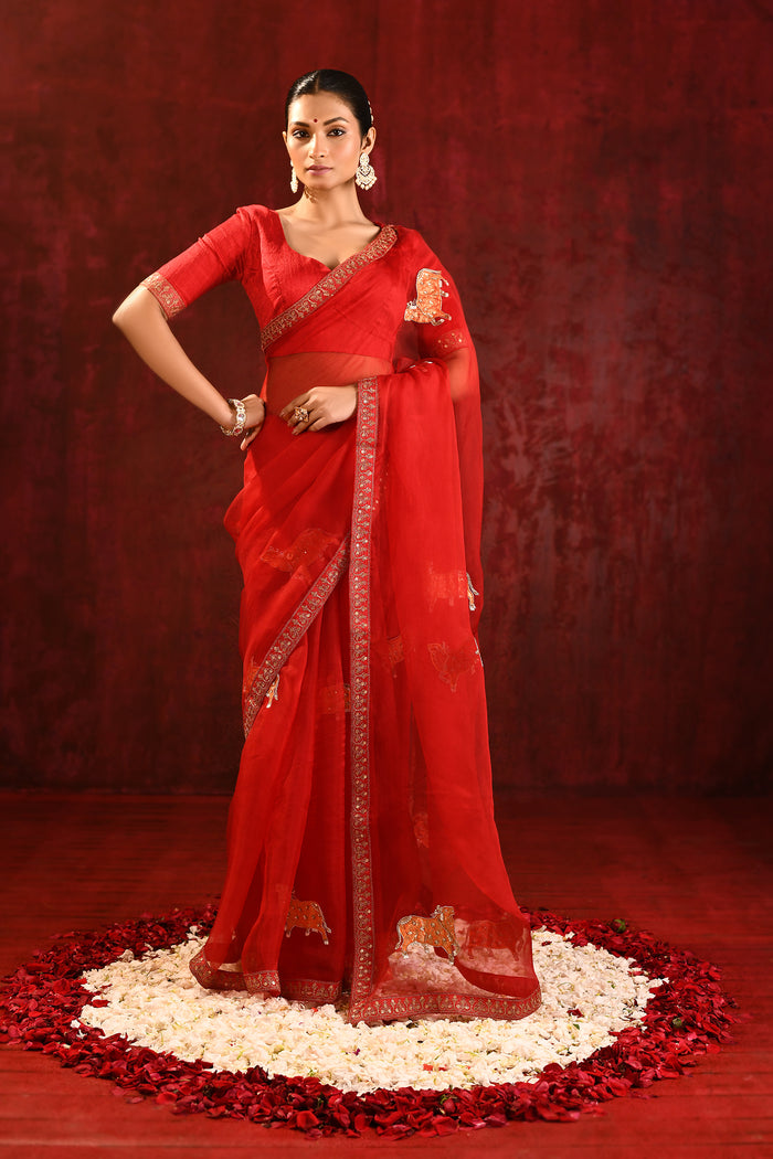 Crimson Red Embroidered Organza Gomatha Saree