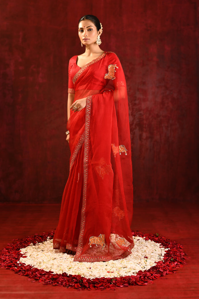 Crimson Red Embroidered Organza Gomatha Saree
