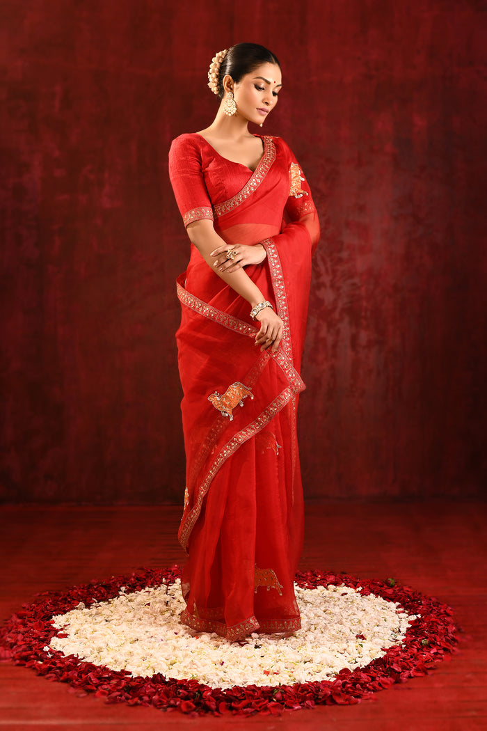 Crimson Red Embroidered Organza Gomatha Saree