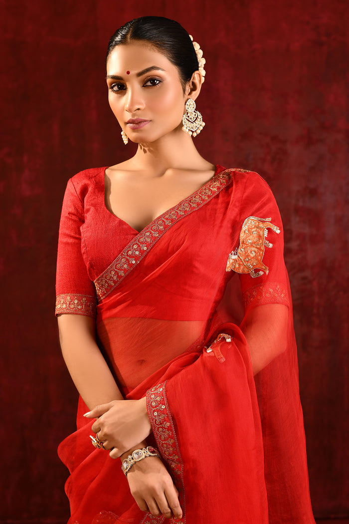 Crimson Red Embroidered Organza Gomatha Saree