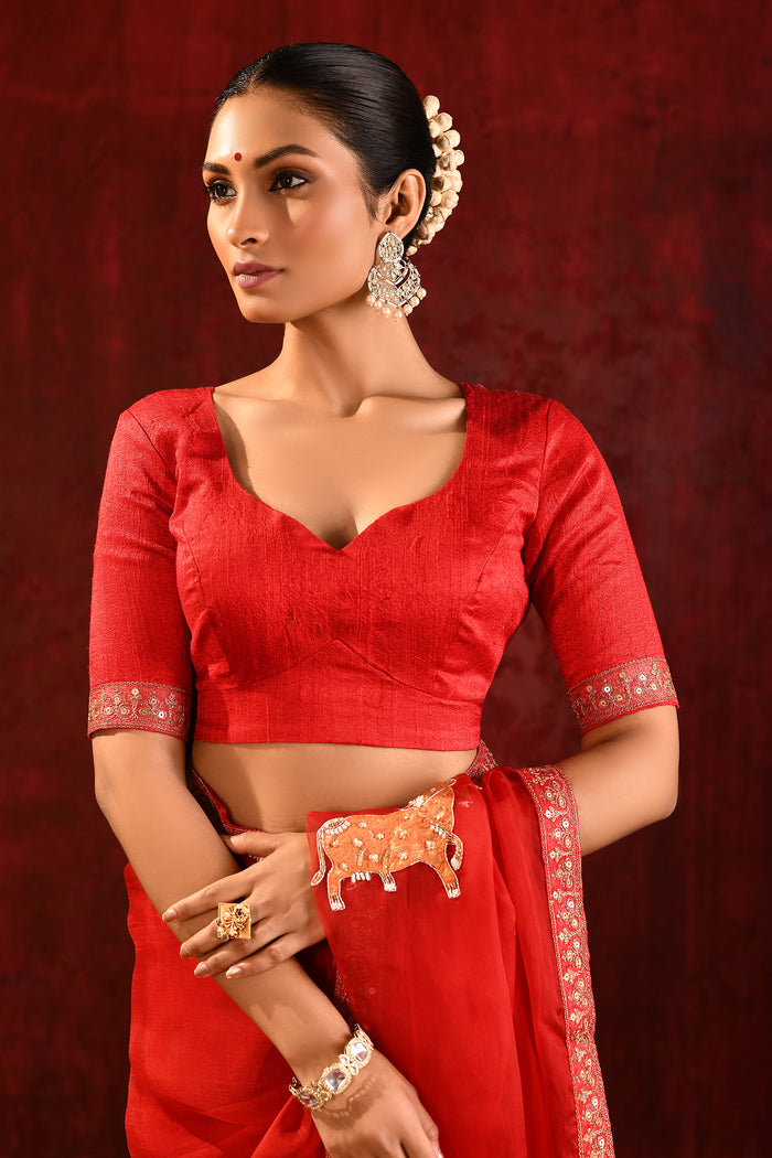 Crimson Red Embroidered Organza Gomatha Saree
