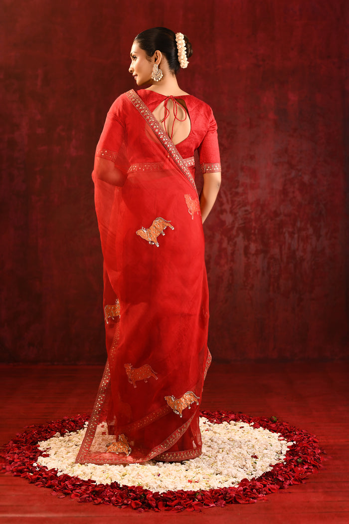 Crimson Red Embroidered Organza Gomatha Saree