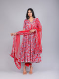 Crimson Red Floral Angrakha Cotton Anarkali Set