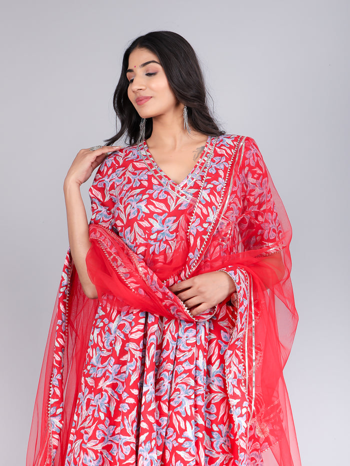 Crimson Red Floral Angrakha Cotton Anarkali Set