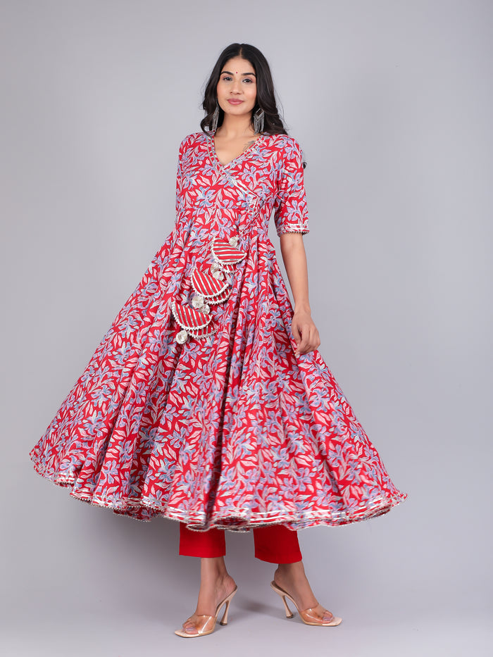 Crimson Red Floral Angrakha Cotton Anarkali Set