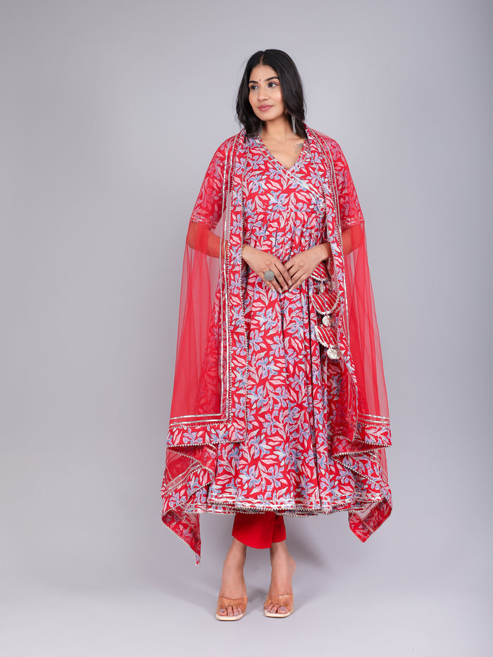 Crimson Red Floral Angrakha Cotton Anarkali Set