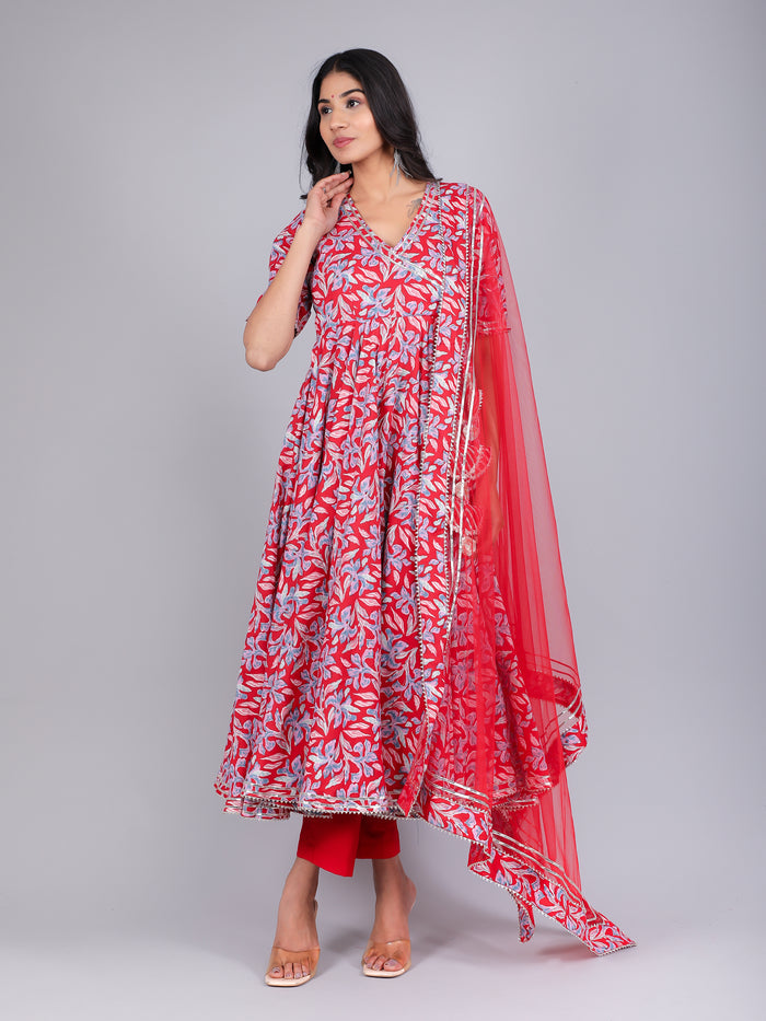 Crimson Red Floral Angrakha Cotton Anarkali Set
