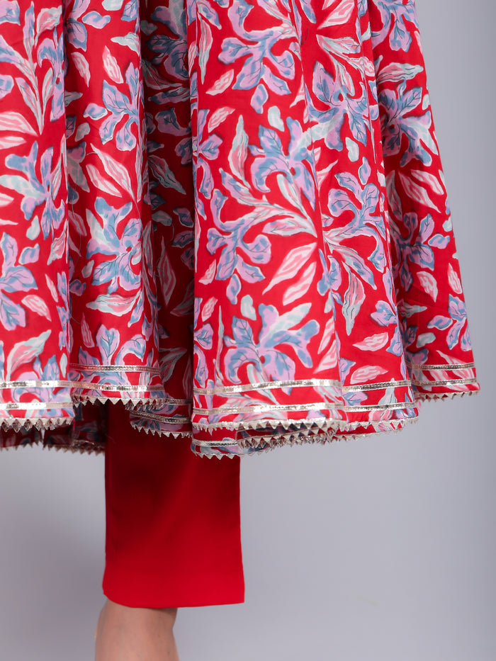 Crimson Red Floral Angrakha Cotton Anarkali Set
