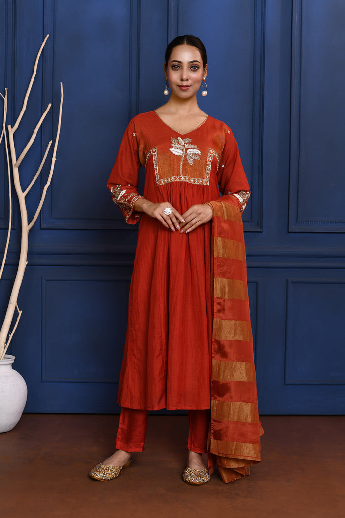 Crimson Red Floral Embroidered Silk Anarkali Set