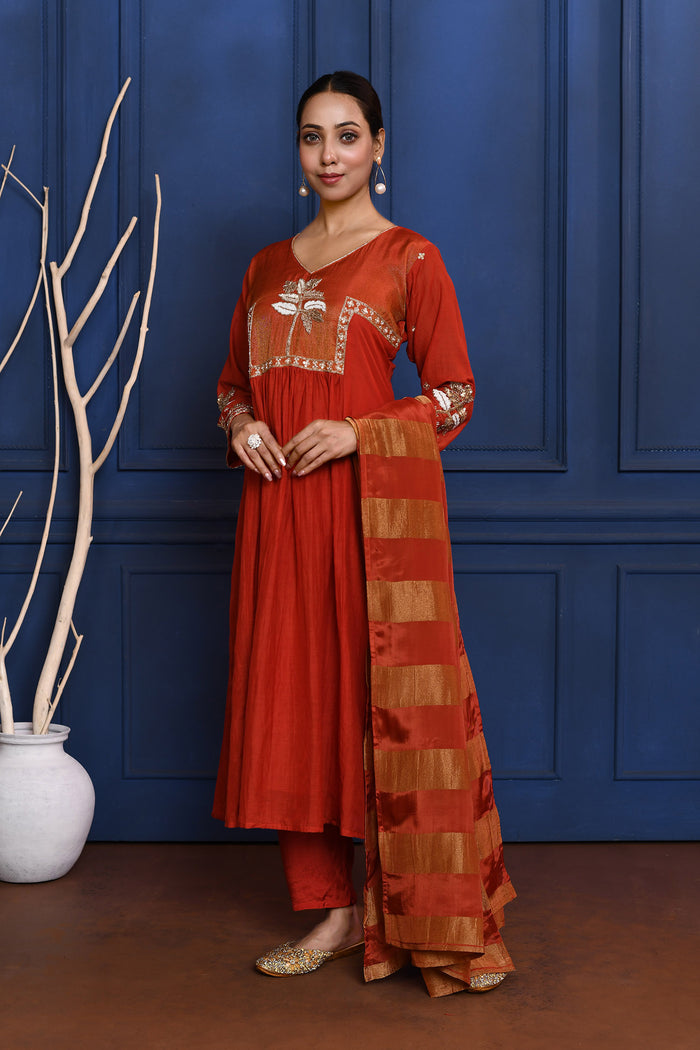 Crimson Red Floral Embroidered Silk Anarkali Set