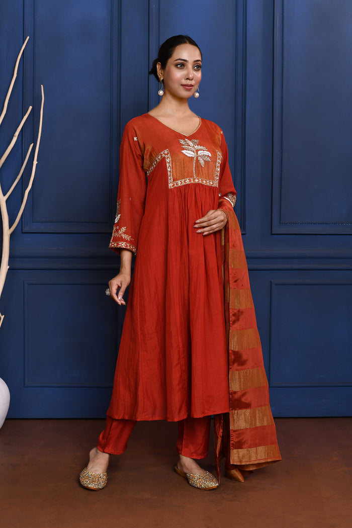 Crimson Red Floral Embroidered Silk Anarkali Set