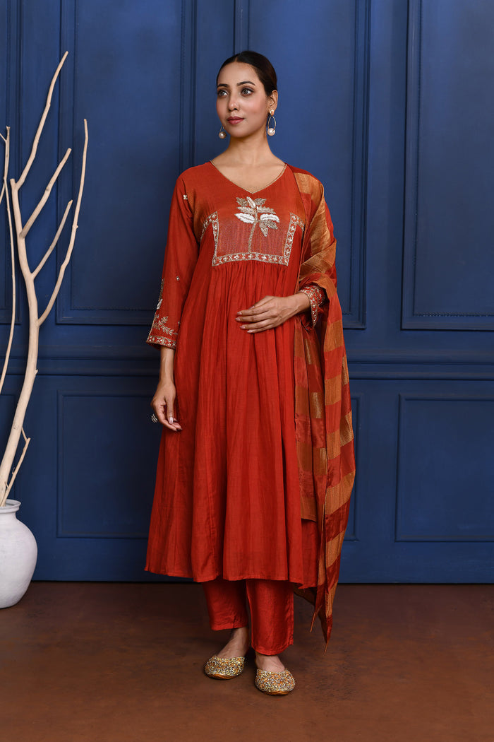 Crimson Red Floral Embroidered Silk Anarkali Set