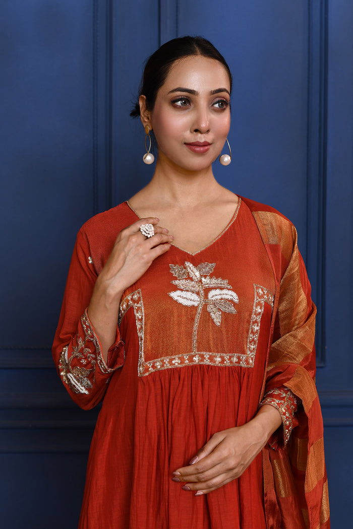 Crimson Red Floral Embroidered Silk Anarkali Set