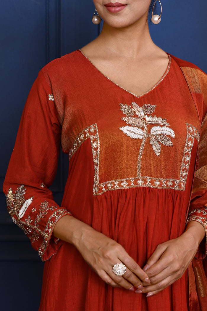 Crimson Red Floral Embroidered Silk Anarkali Set