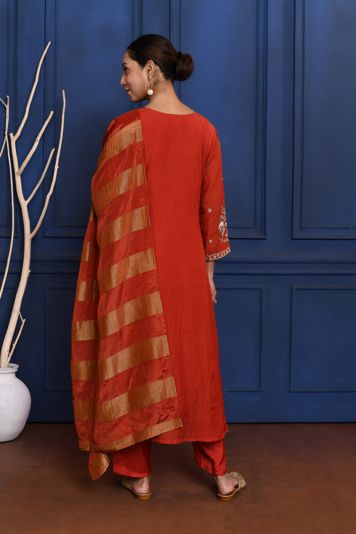 Crimson Red Floral Embroidered Silk Anarkali Set