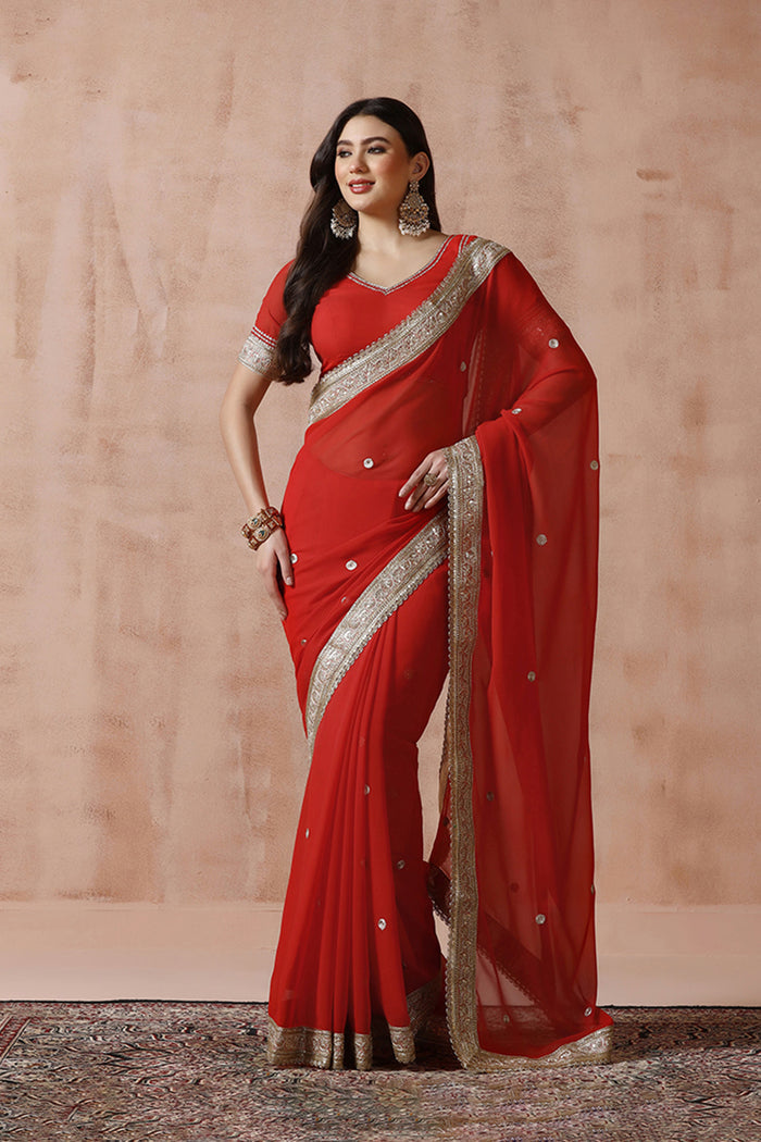 Crimson Red Georgette Embroidered Saree
