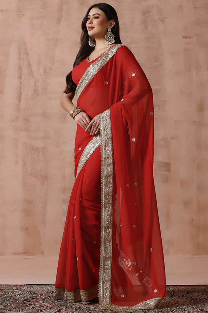 Crimson Red Georgette Embroidered Saree