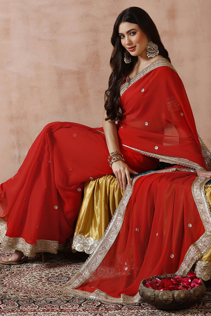 Crimson Red Georgette Embroidered Saree