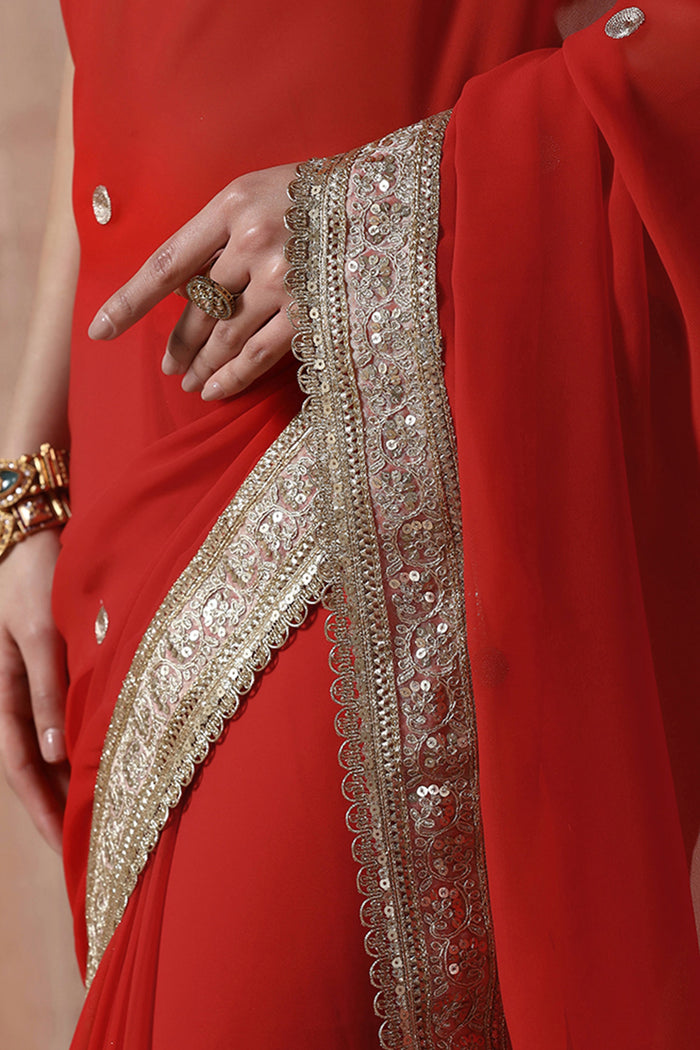 Crimson Red Georgette Embroidered Saree
