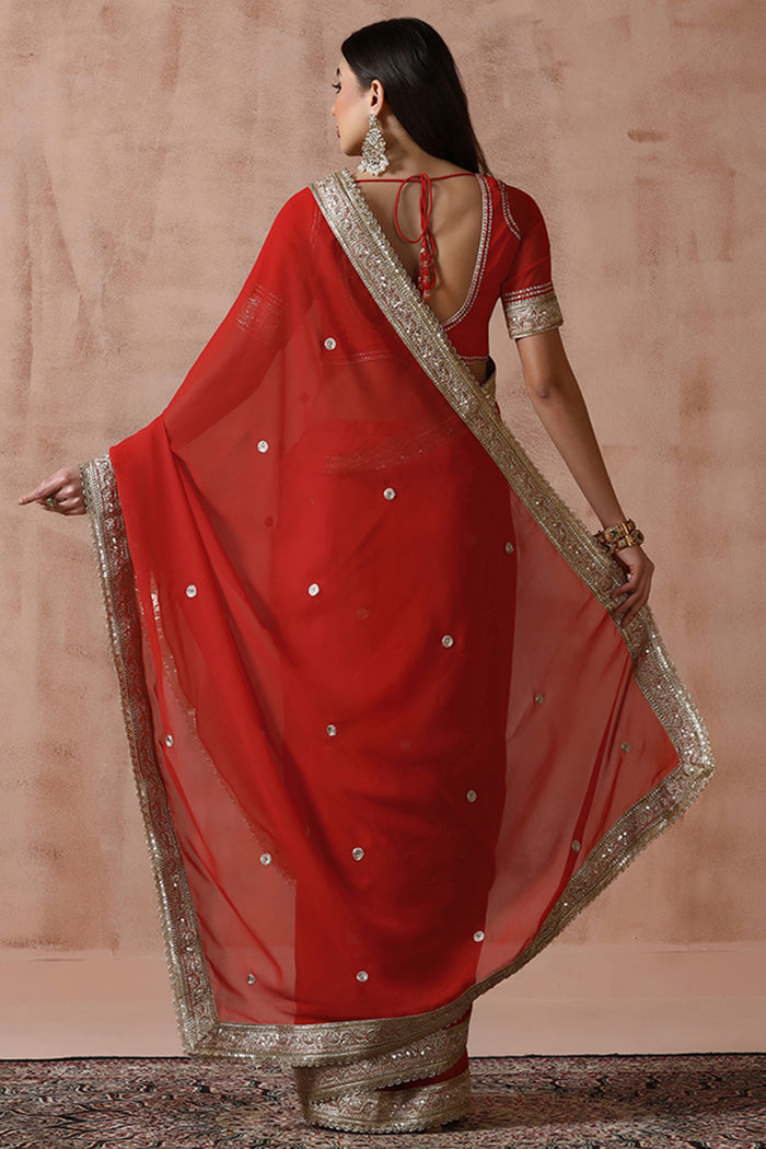Crimson Red Georgette Embroidered Saree