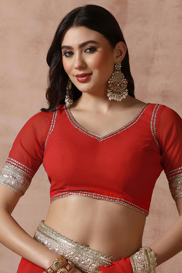 Crimson Red Georgette Embroidered Saree