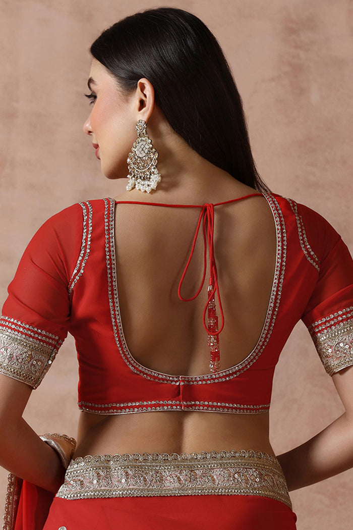 Crimson Red Georgette Embroidered Saree