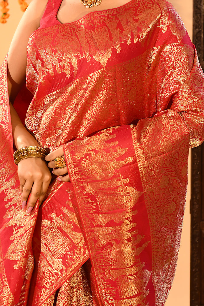 Crimson Red Shikargah Motif Traditional Kanjivaram Silk Saree