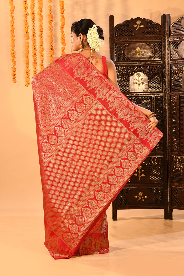 Crimson Red Shikargah Motif Traditional Kanjivaram Silk Saree