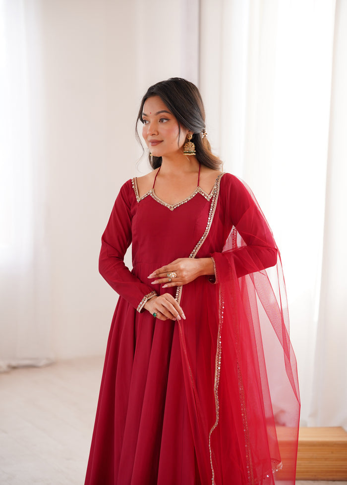 Crimson Red Solid Chanderi Anarkali Set