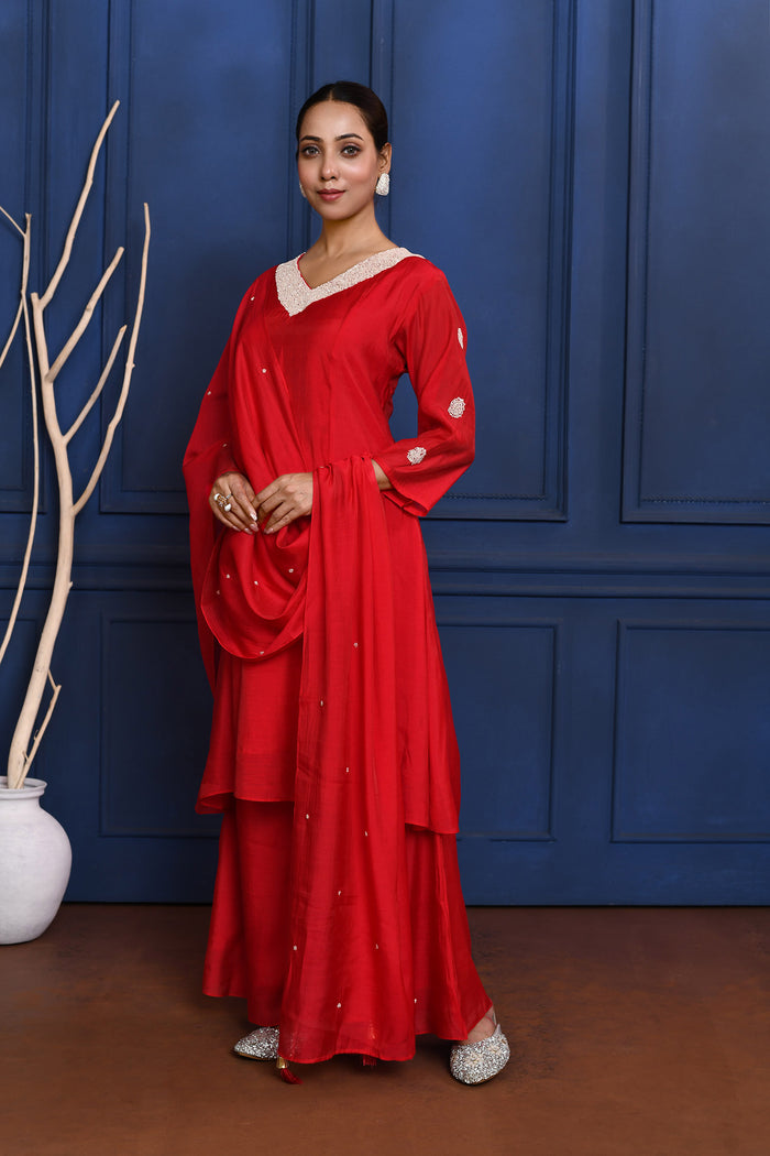 Crimson Red Solid Dupion Silk Kurta Set