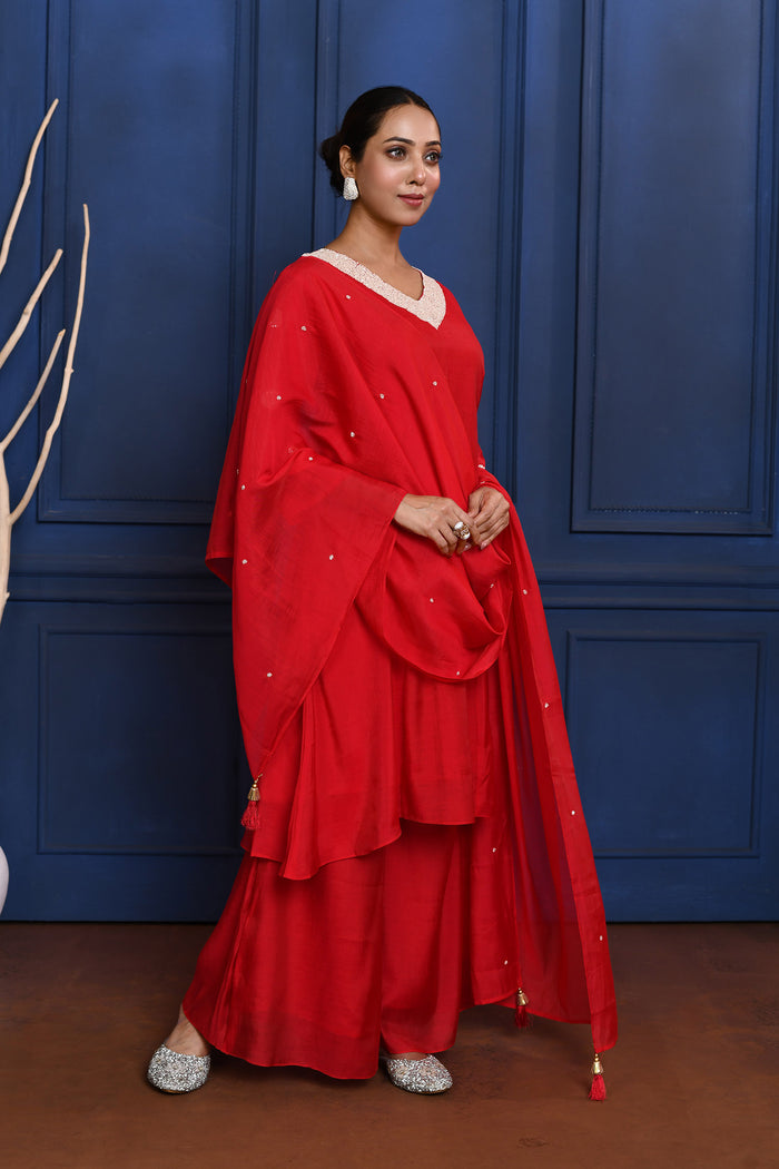 Crimson Red Solid Dupion Silk Kurta Set